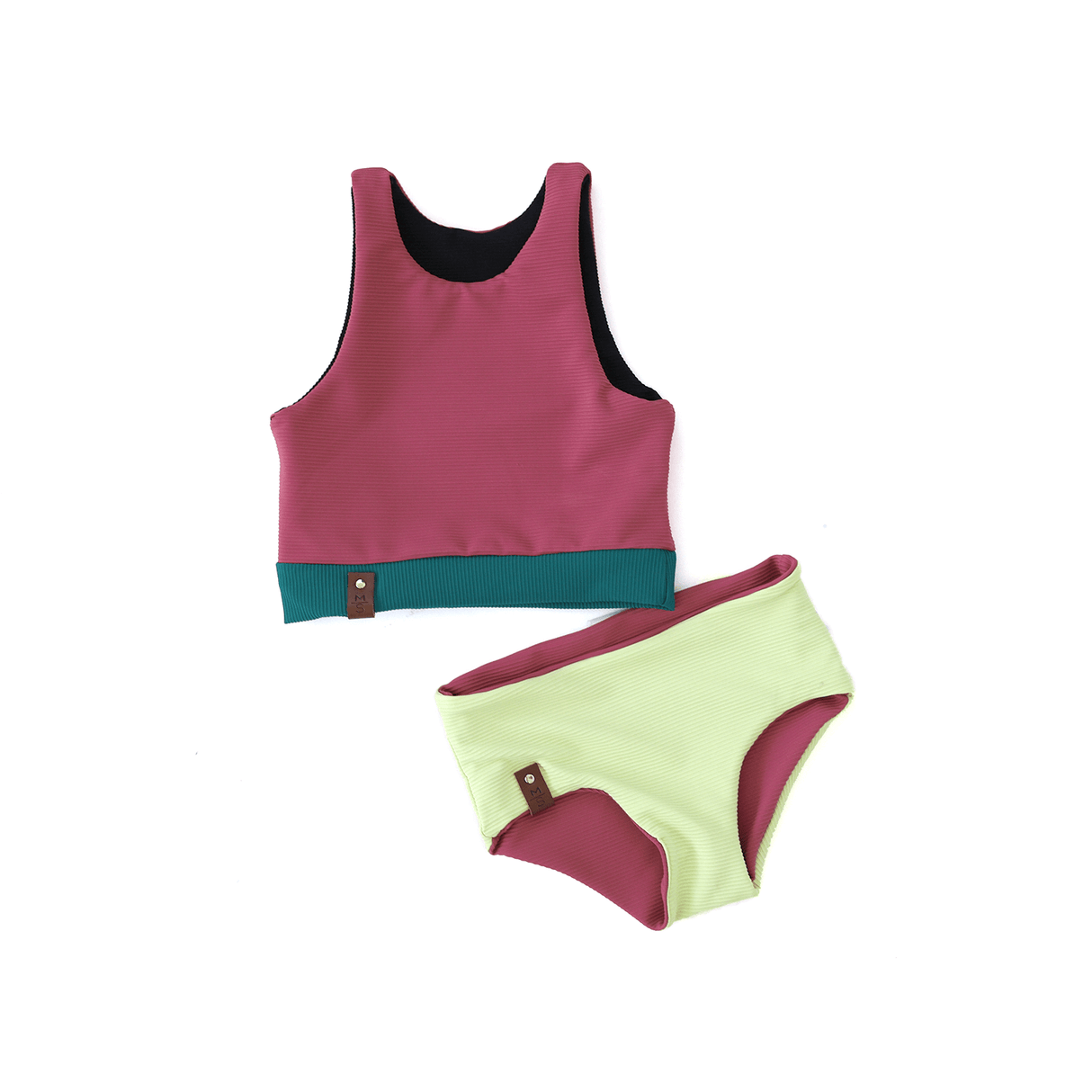 Kora Swim Bikini Reversible Bottoms - Mauve Rib + Lime Rib