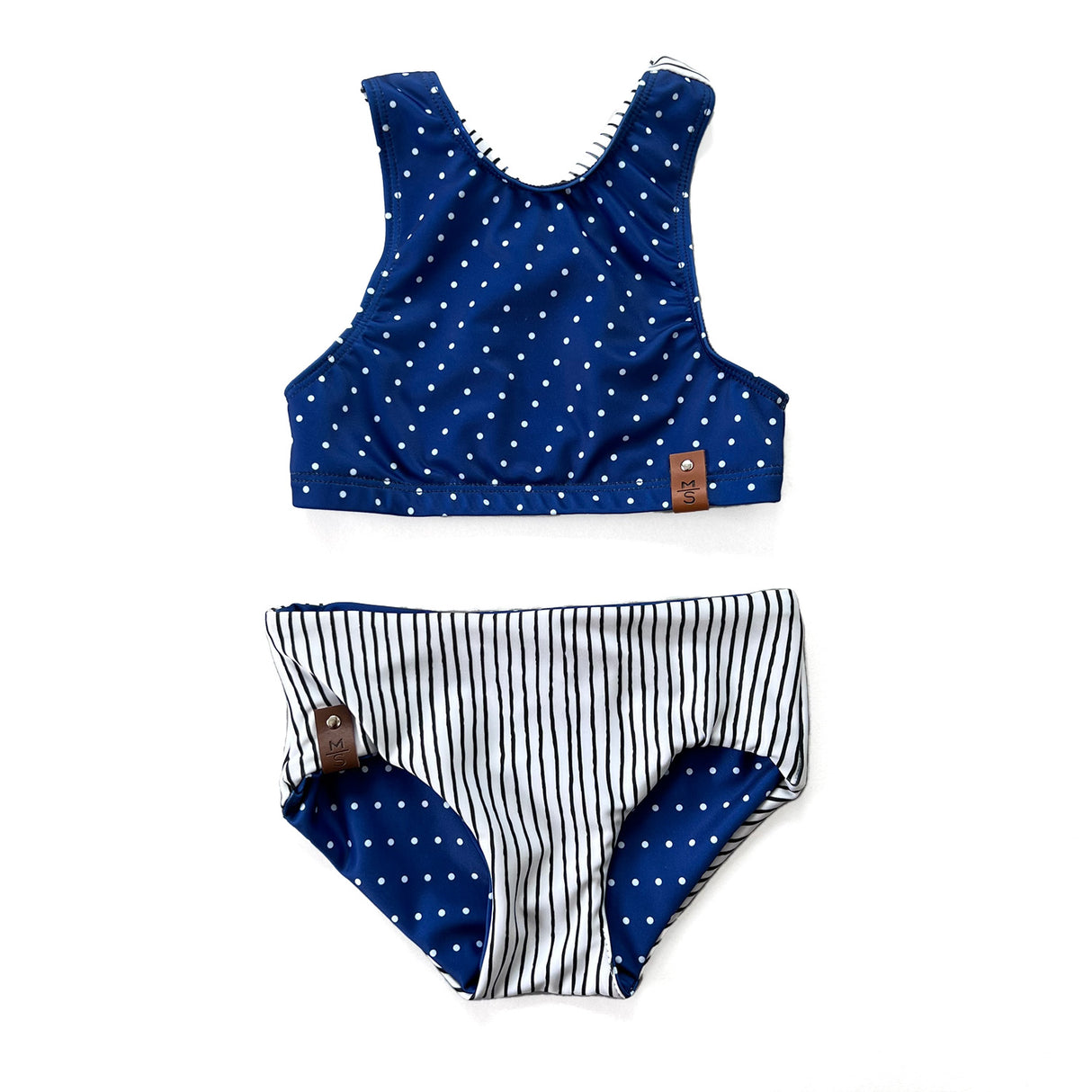 Adele Criss Cross Swim Top - Navy Dot + Micro Stripe